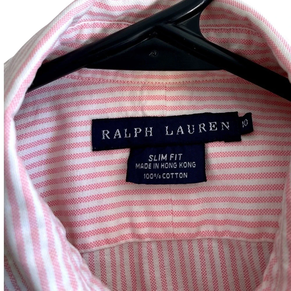 Ralph Lauren Kids Boys Pink White Striped Button Down Shirt Slim Fit Size 10